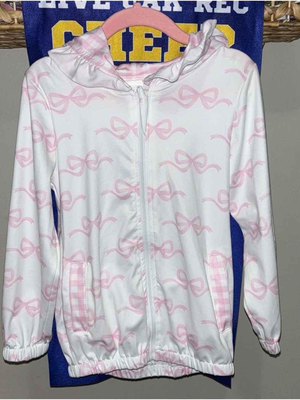 Girls' White & Pink Bow Print Hooded Zip Jacket